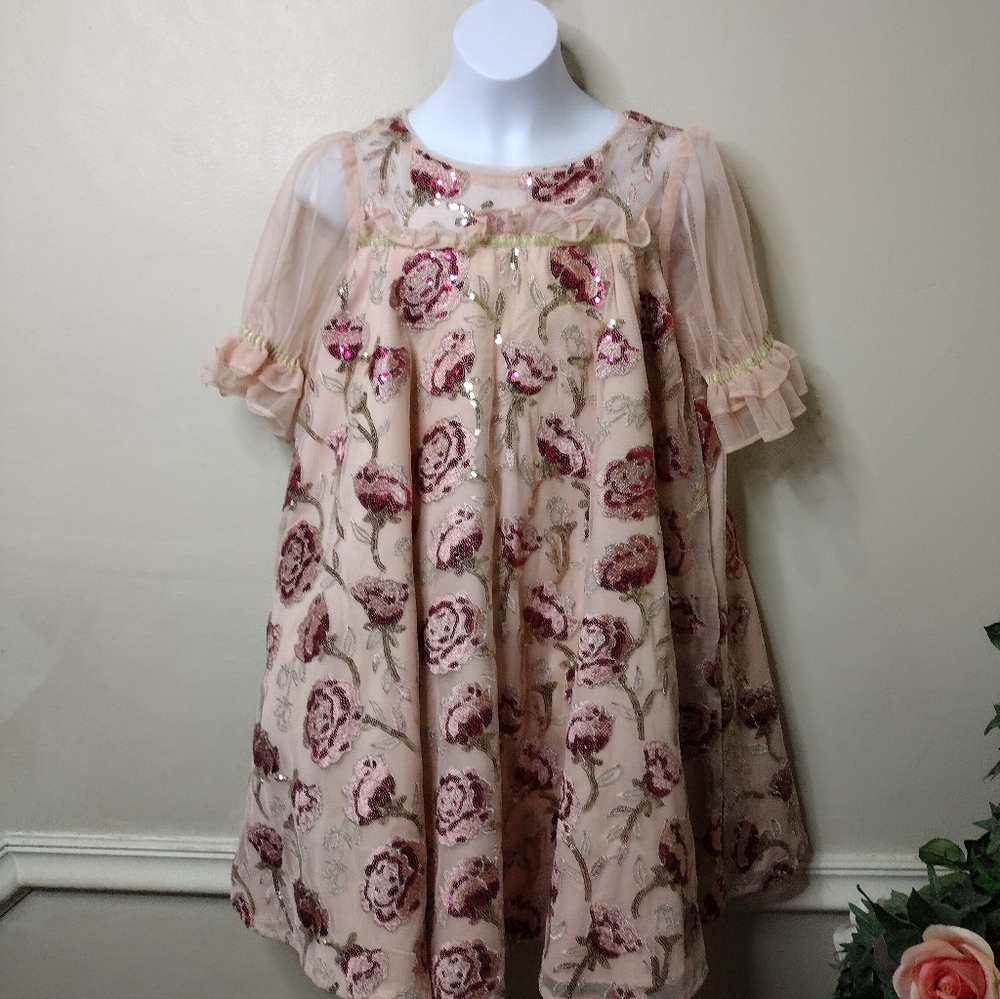 Disney Store Girl's "Belle" Pink Embroidered & Sequinned Rose Patterned Dress - Picture 11 of 11